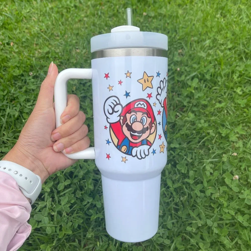 Custom Nintendo Super Mario Bros Tumbler 40 oz tumbler with hand carry handle. B
